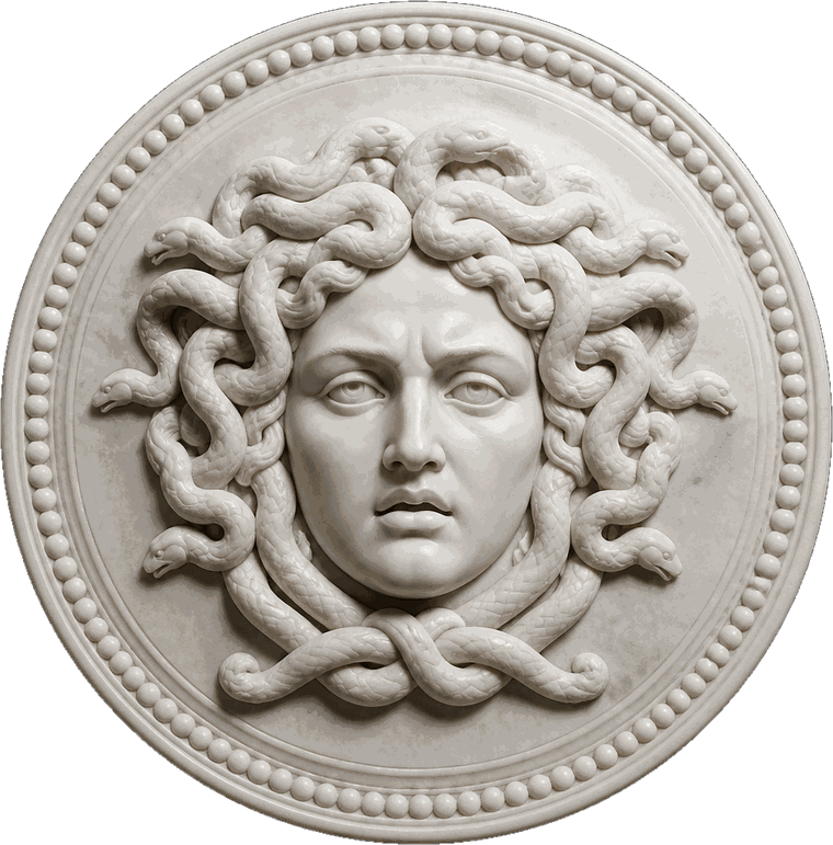 A marble shield bearing the face of the Gorgon